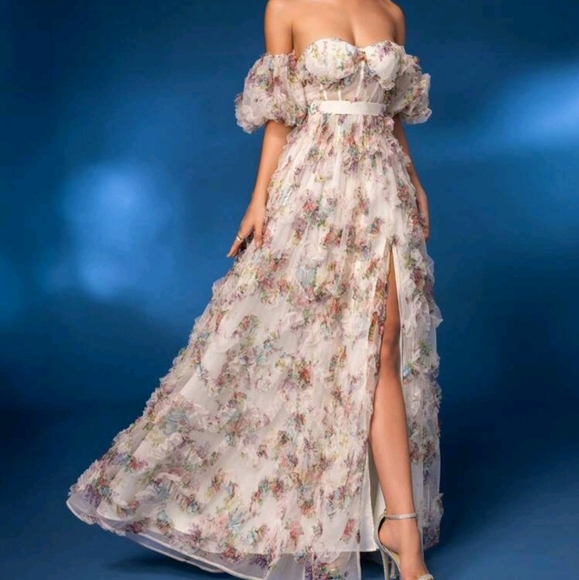 Elegant Off-Shoulder Detachable Puff Sleeve Floral Mesh Gown Elegant Dress - Picture 6 of 7